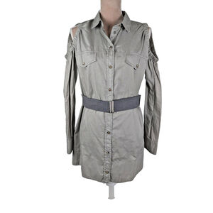Brunello Cucinelli Khaki Off Shoulder Shirt Western Snap Front Mini Dress XXL